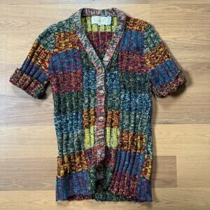 Women's Vintage 80's Fashion Bar Multicolor Knit Short Sleeve Sweater Shirt Sz S